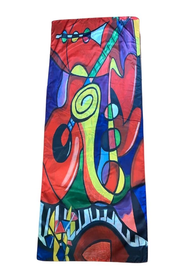 Esarfa tip sal doua fete pictata P2, Dacali, matase, rosu/galben, 180x70cm
