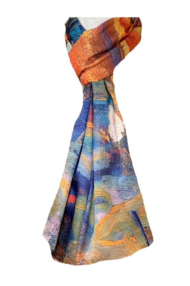 Esarfa tip sal doua fete pictata NA, Dacali, matase, portocaliu/rosu, 180x70cm