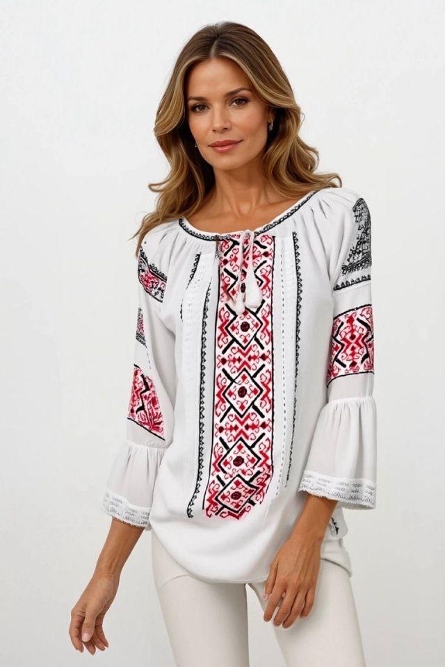 Bluza dama tip ie 024, alb pur/rosu