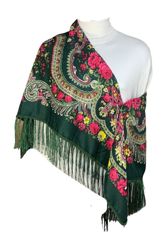 Esarfa tip sal cu flori, Dacali, verde, 107 x107 cm