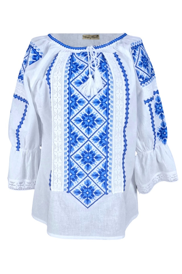 Bluza tip ie dama RDB2, alb cocos/albastru