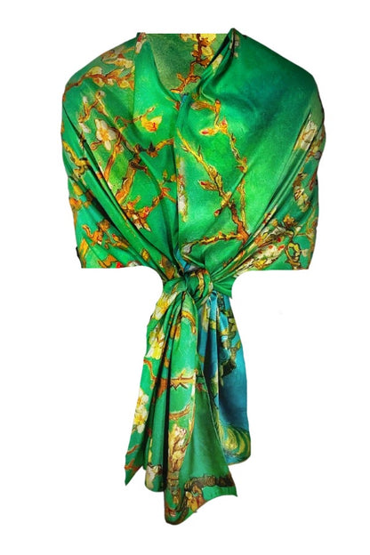 Esarfa tip sal doua fete pictata 15, Dacali, matase, bleu/verde, 180x70cm