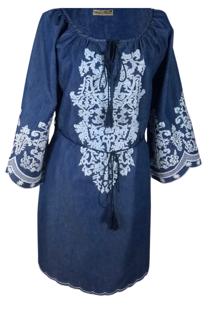 Rochie traditionala dama R, albastru/alb