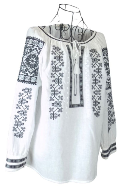 Bluza tip ie traditionala dama DEC, alb pur/gri