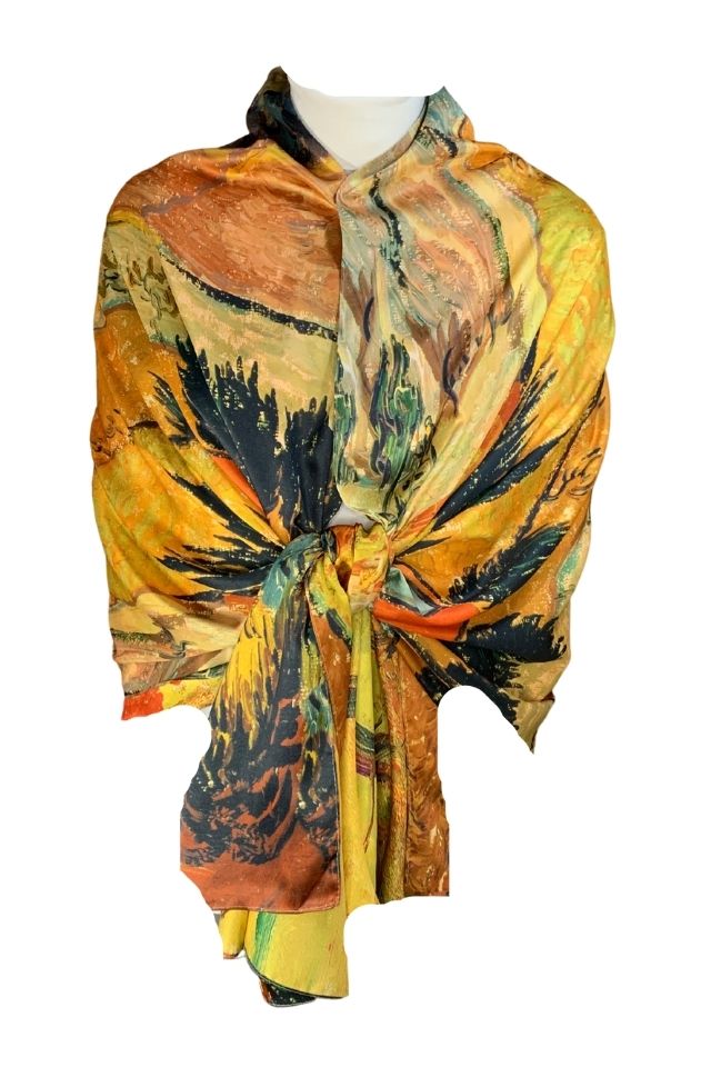 Esarfa tip sal doua fete pictata 3, Dacali, matase, portocaliu/verde inchis, 180x70cm