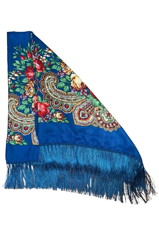 Esarfa tip sal cu flori, Dacali, albastru inchis, 107 x107 cm