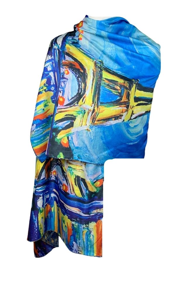 Esarfa tip sal doua fete pictata 12, Dacali, matase, albastru, 180x70cm