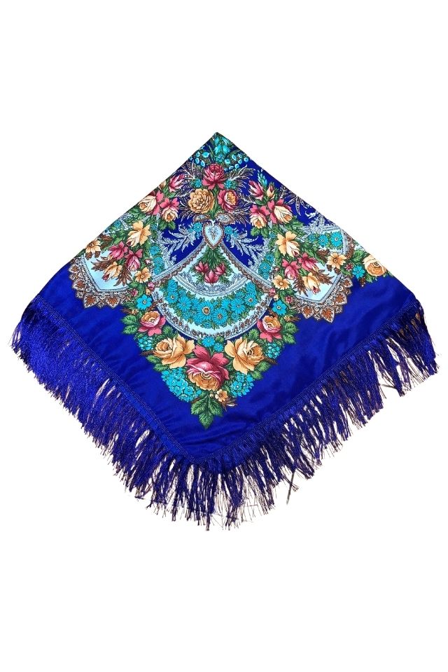 Esarfa tip sal cu flori, Dacali, albastru, 107 x107 cm
