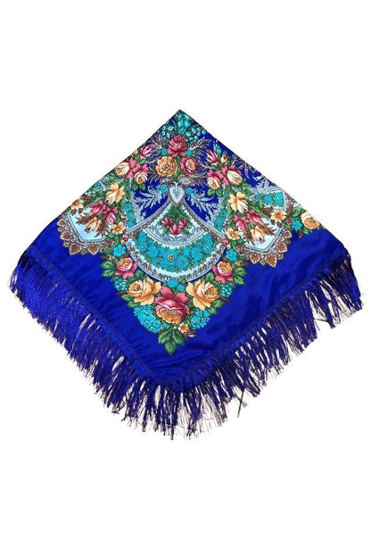 Esarfa tip sal cu flori, Dacali, albastru, 107 x107 cm