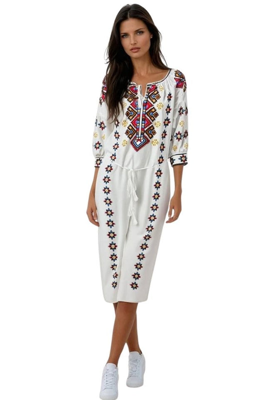 Rochie traditionala dama R25 alb/maro
