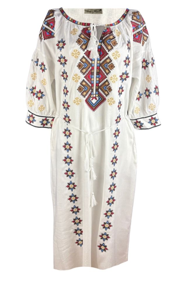 Rochie traditionala dama R25 alb/maro