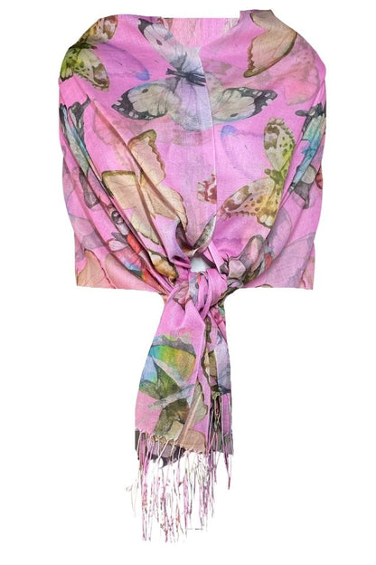 Esarfa cu fluturi din material tip casmir, Dacali, roz deschis, 185 x 75 cm