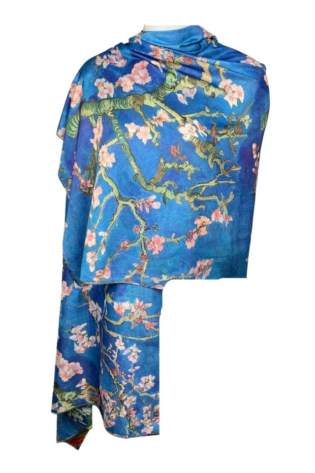 Esarfa tip sal doua fete pictata LP, Dacali, matase, mov/bleu, 180x70cm