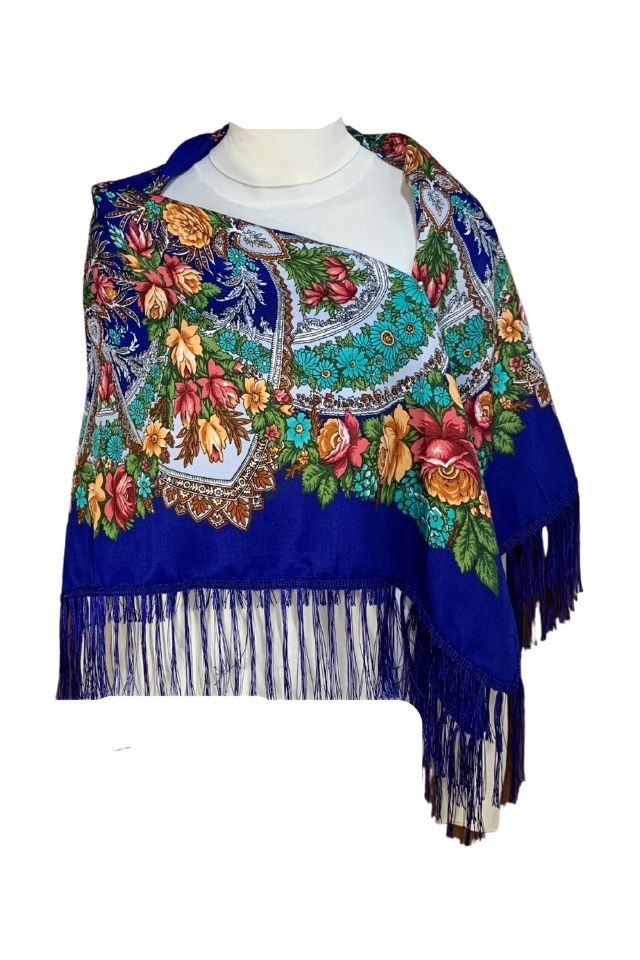Esarfa tip sal cu flori, Dacali, albastru, 107 x107 cm