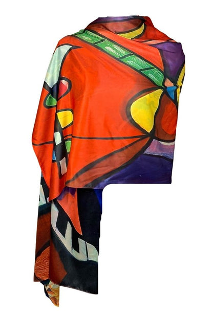 Esarfa tip sal doua fete pictata P2, Dacali, matase, rosu/galben, 180x70cm