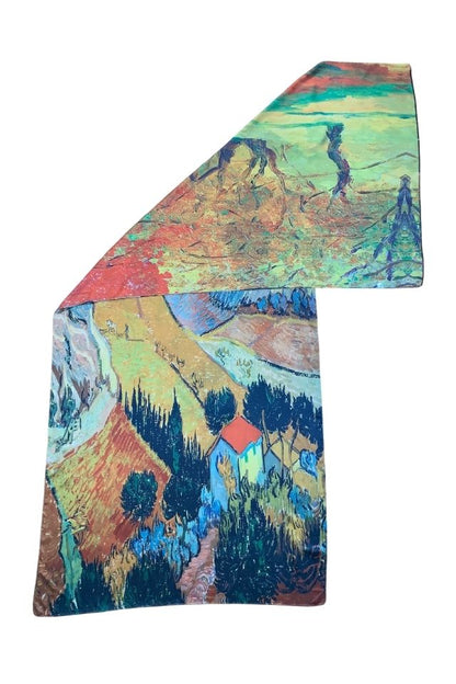 Esarfa tip sal doua fete pictata 3, Dacali, matase, portocaliu/verde inchis, 180x70cm