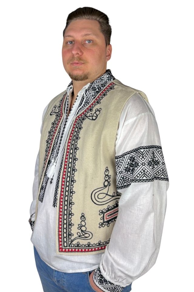 Vesta traditionala barbati bej/rosu