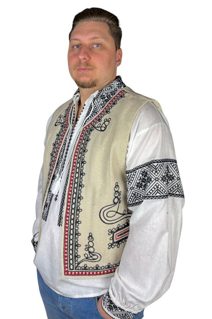 Vesta traditionala barbati bej/rosu