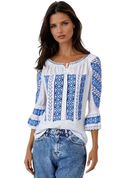 Bluza tip ie dama R24, alb cocos/albastru cosmic