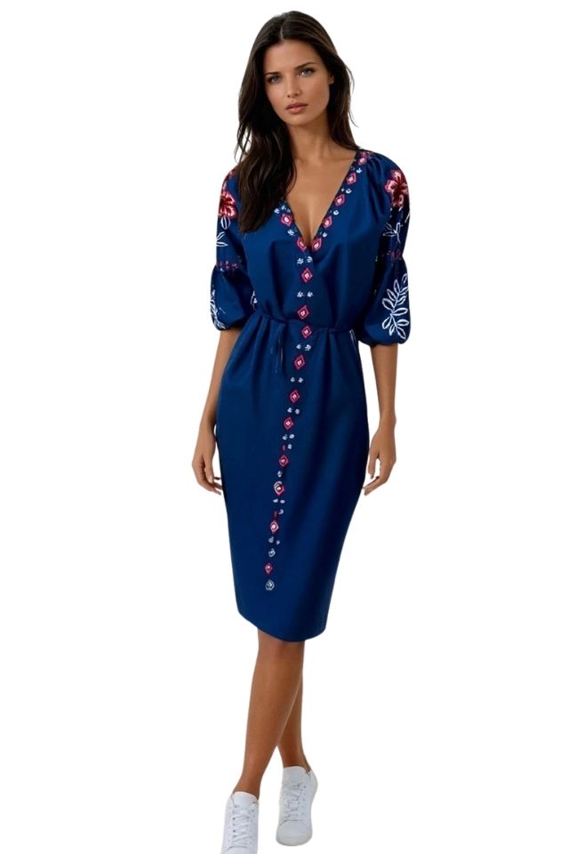Rochie traditionala dama R, albastru/rosu