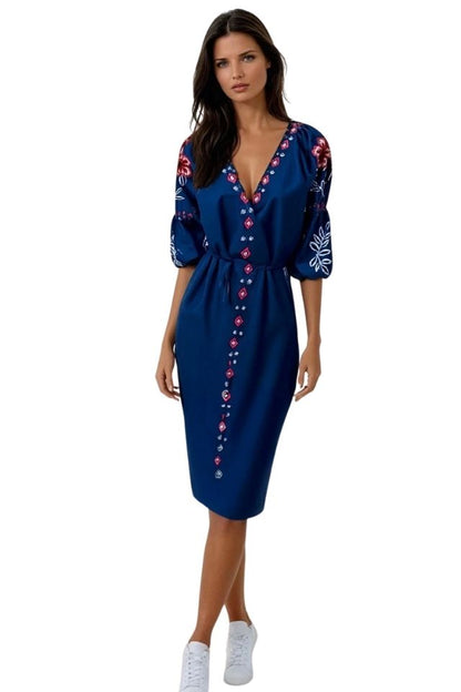 Rochie traditionala dama R, albastru/rosu