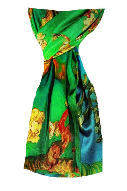 Esarfa tip sal doua fete pictata 15, Dacali, matase, bleu/verde, 180x70cm
