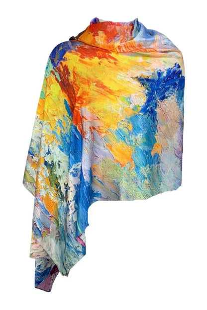Esarfa tip sal doua fete pictata N, Dacali, matase, galben/albastru, 180x70cm