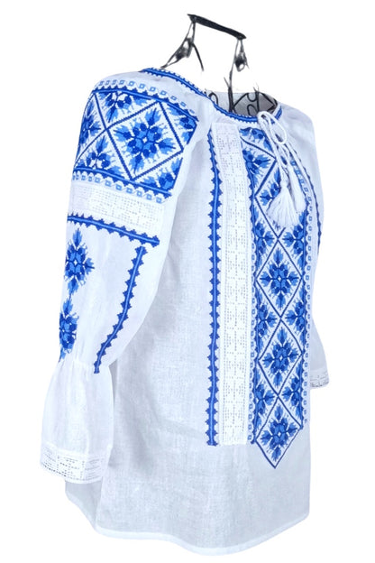 Bluza tip ie dama RDB2, alb cocos/albastru