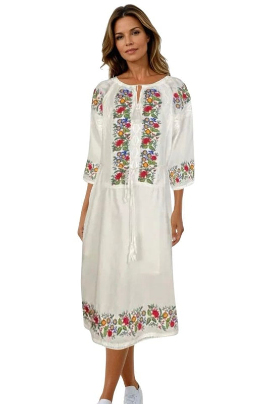 Rochie traditionala dama R24, alb/verde