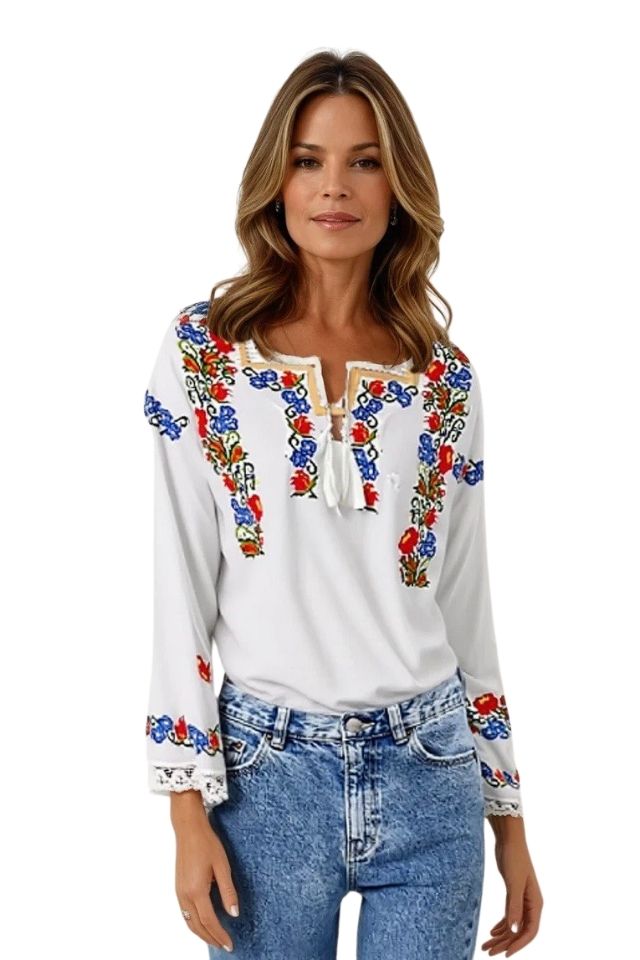 Bluza tip ie dama B23, alb creta/verde