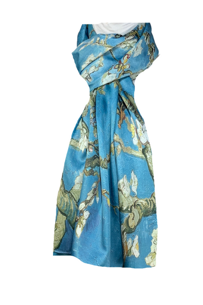 Esarfa tip sal doua fete pictata 15, Dacali, matase, bleu/verde, 180x70cm