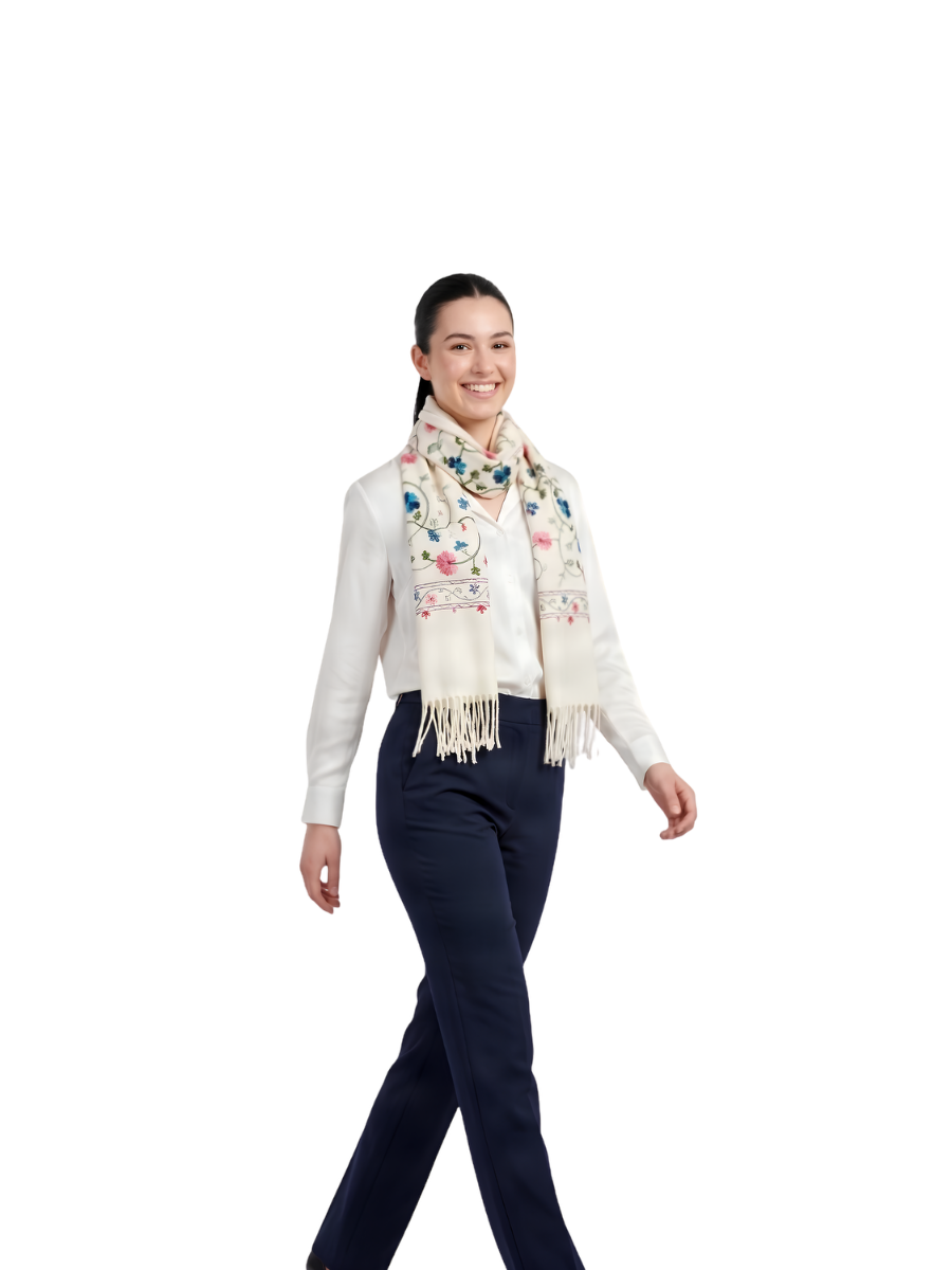 Fular dama de lux brodat colorat crem