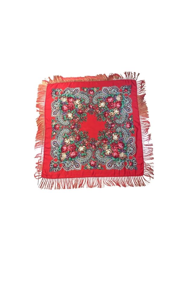 Esarfa tip sal cu flori, Dacali, rosu, 107 x107 cm