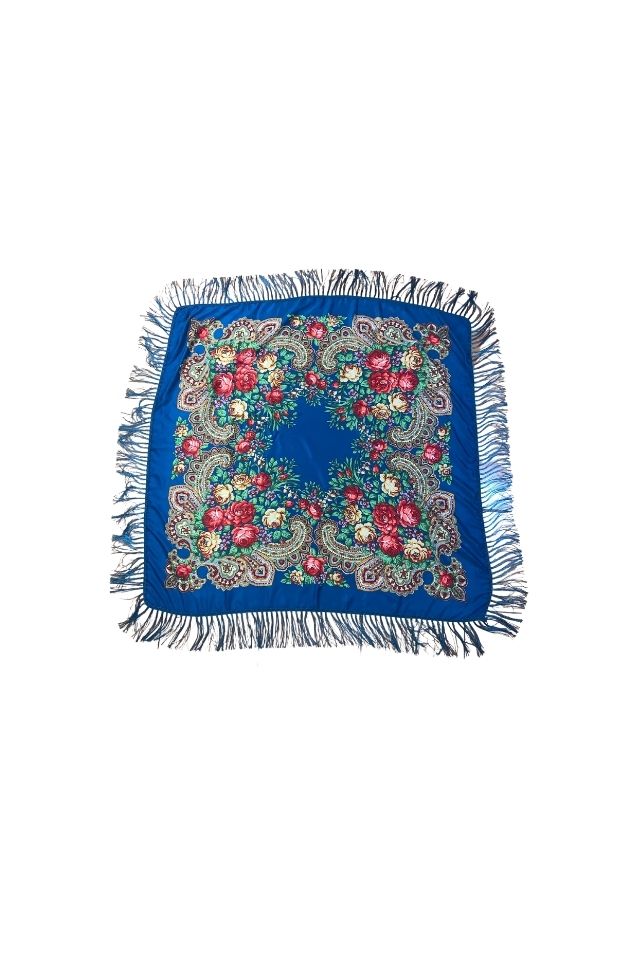Esarfa tip sal cu flori, Dacali, albastru, 107 x107 cm