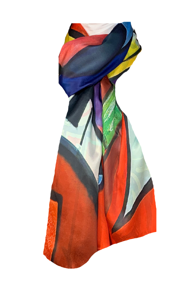 Esarfa tip sal doua fete pictata P2, Dacali, matase, rosu/galben, 180x70cm