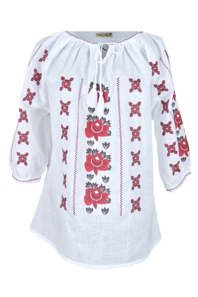 Bluza tip ie dama R2, alb pur/rosu bordo