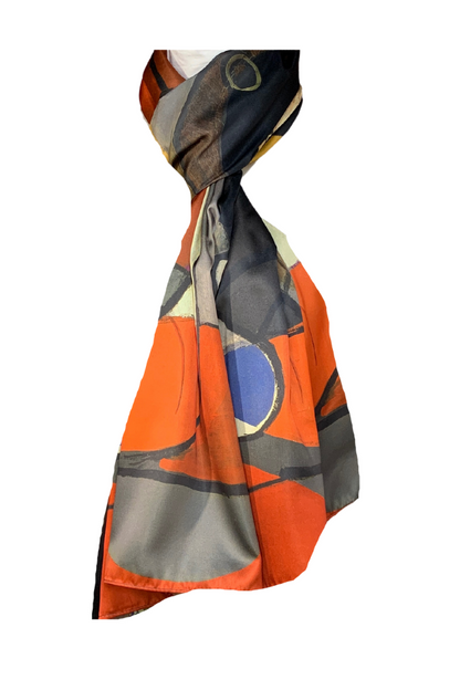 Esarfa tip sal doua fete pictata P, Dacali, matase, galben/gri, 180x70cm