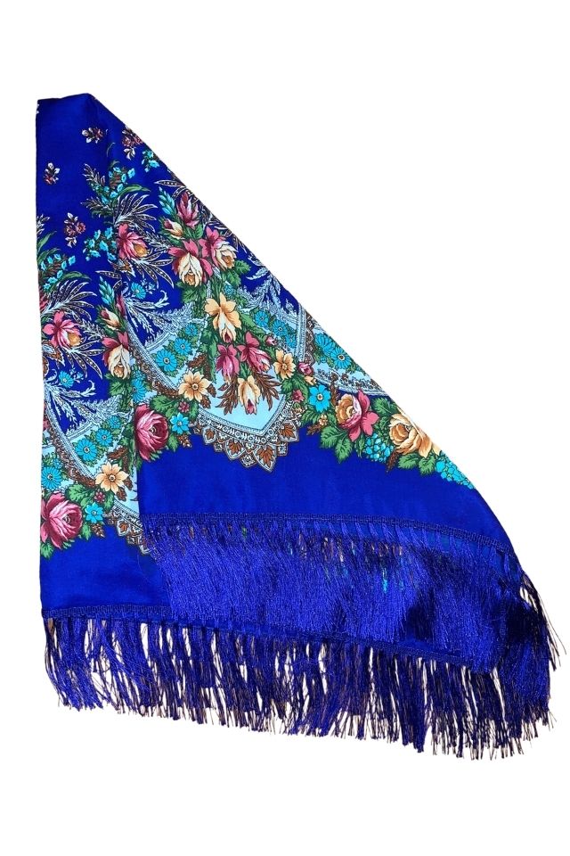Esarfa tip sal cu flori, Dacali, albastru, 107 x107 cm