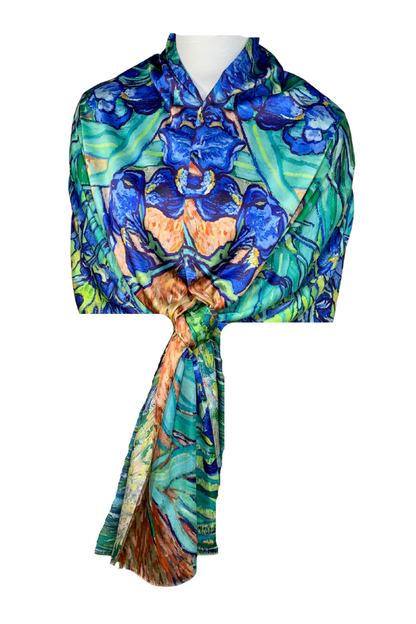 Esarfa tip sal doua fete pictata I, Dacali, matase, albastru/verde, 180x70cm