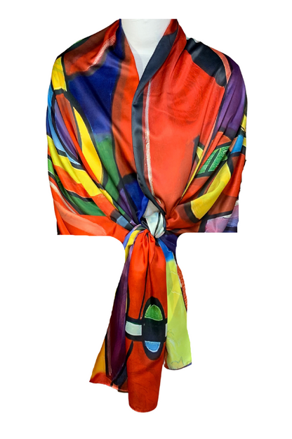 Esarfa tip sal doua fete pictata P2, Dacali, matase, rosu/galben, 180x70cm