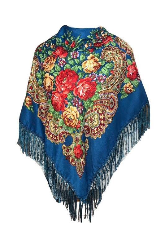 Esarfa tip sal cu flori, Dacali, albastru inchis, 107 x107 cm