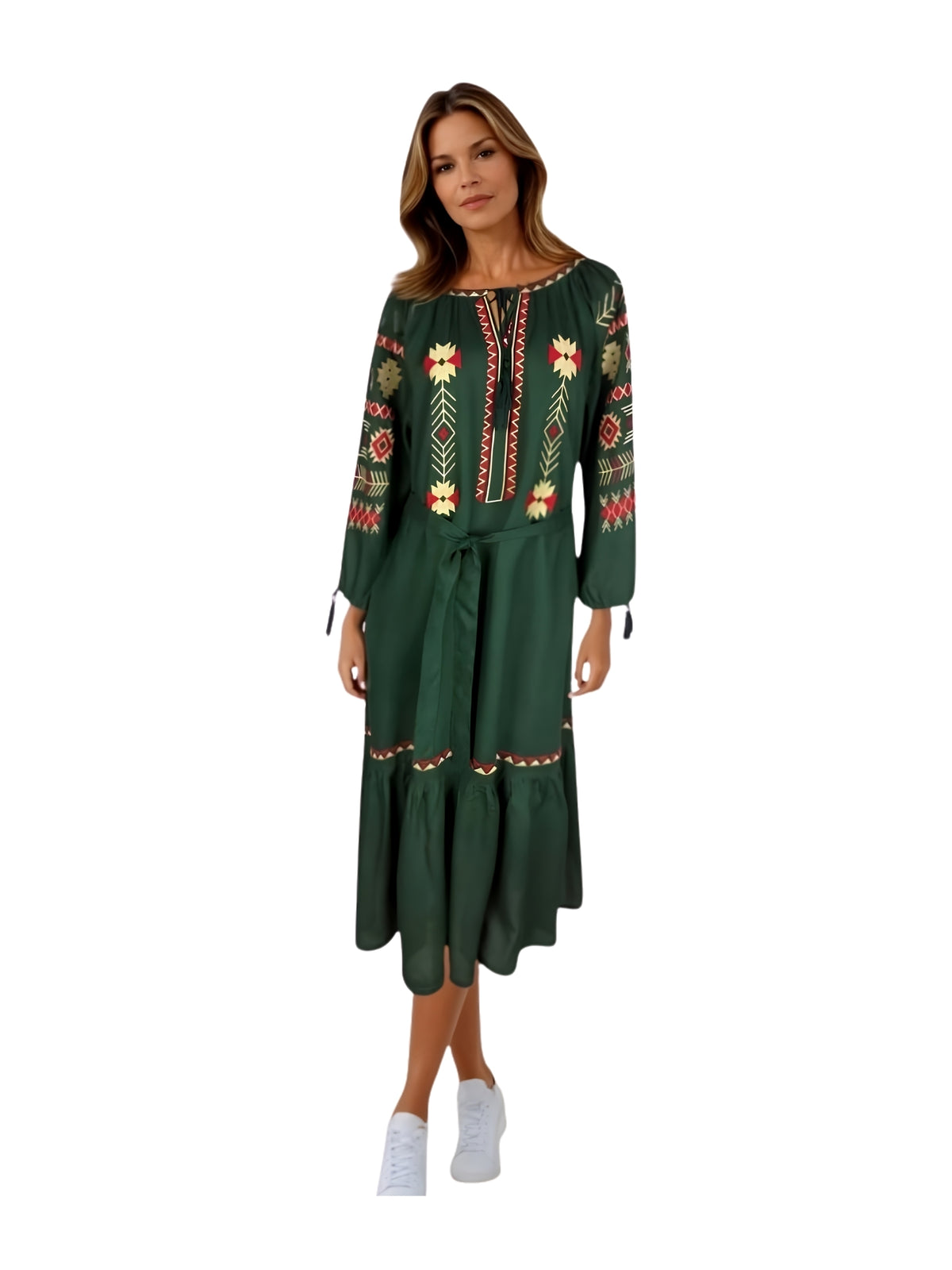 Rochie traditionala dama R25 verde/galben