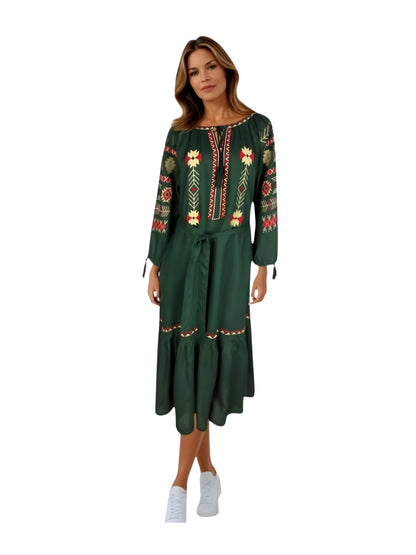 Rochie traditionala dama R25 verde/galben