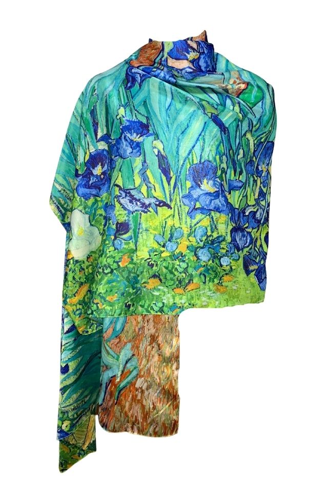 Esarfa tip sal doua fete pictata 11, Dacali, matase, verde/bleu, 180x70cm