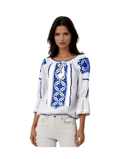 Bluza tip ie dama RDB2, alb cocos/albastru