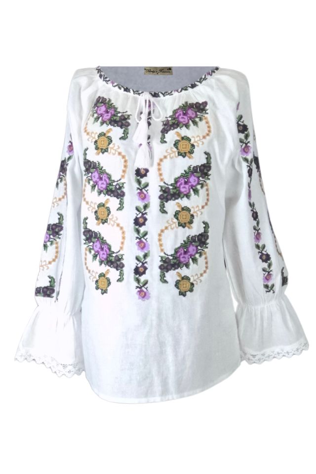 Bluza tip ie traditionala dama DEC, alb crystal/mov