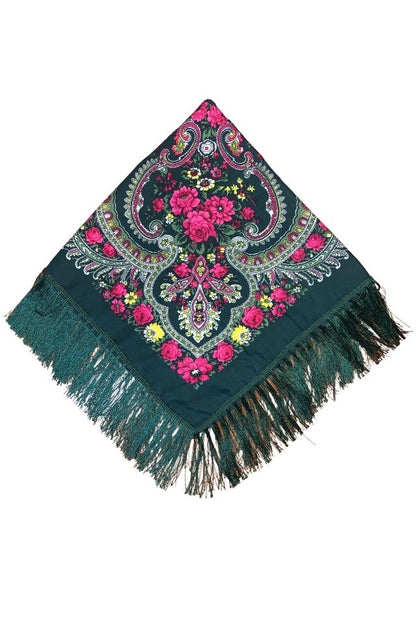 Esarfa tip sal cu flori, Dacali, verde, 107 x107 cm