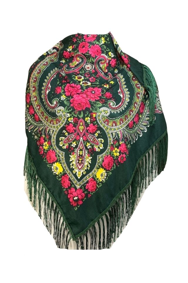 Esarfa tip sal cu flori, Dacali, verde, 107 x107 cm