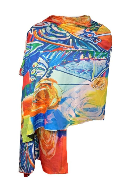 Esarfa tip sal doua fete pictata P2, Dacali, matase, rosu/galben, 180x70cm