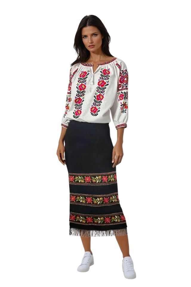 Fusta dama casual tip fota cu flori din stofa, negru, One Size INTL